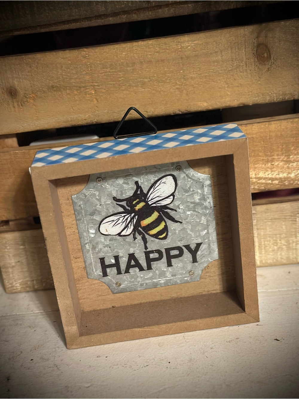 Bee 'Happy' Rustic Metals/Wood Blue and White Gingham Wall or Table Decor